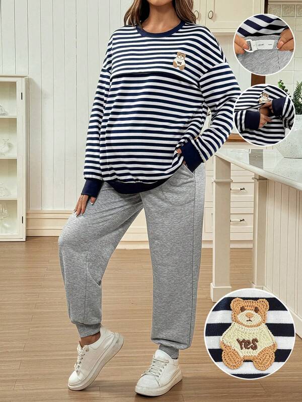 SHEIN 2pcs Maternity Cartoon Bear Striped Drop Shoulder Sweatshirt And Adjustable Waist Pants Casual Nursing Set