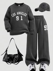 2 件套年轻女士休闲日常通勤百搭英文字母印花长袖圆领厚运动衫和裤子套装，适合秋冬 - 灰色 - 查看 3