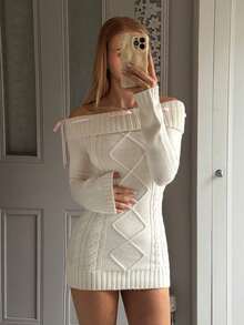SHEIN EZwear Women's Off-Shoulder Long Sleeve Tie-Up Fitted Knit Dress, Fashionable For Autumn/Winter - Beige - View 5