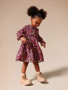 SUMWON 秋冬儿童时尚花卉长袖褶饰荷叶边连衣裙 - 彩色 - 查看 1