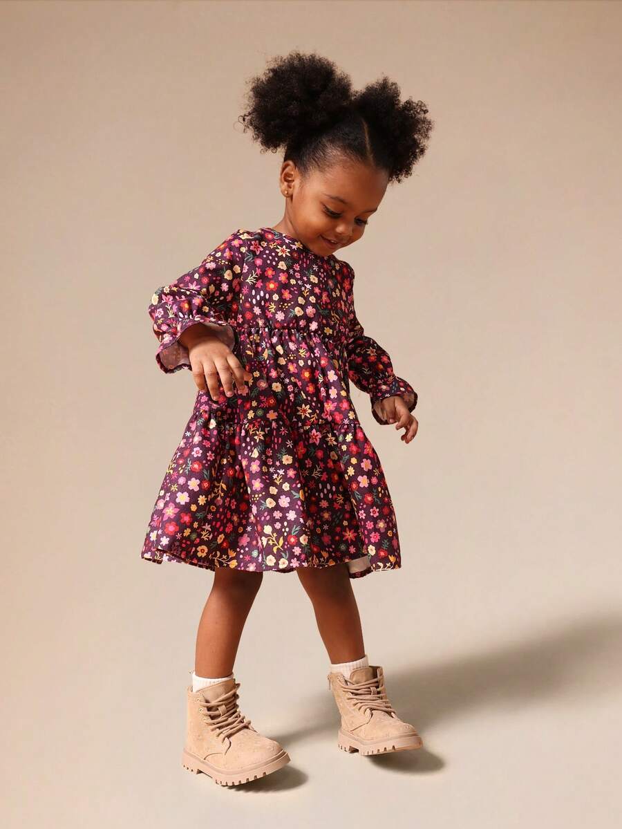 SUMWON 秋冬儿童时尚花卉长袖褶饰荷叶边连衣裙 - 彩色 - 查看 1