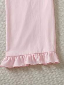 SHEIN 少女翻领长袖单排扣口袋上衣和裤子睡衣套装 - 粉色 - 查看 5