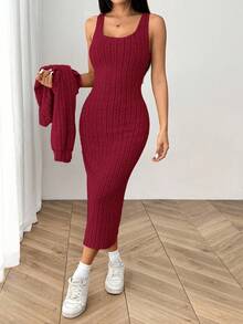 SHEIN EZwear 女式秋季新款罗纹针织落肩纽扣前襟夹克和修身中长连衣裙套装 - 玫瑰紅 - 查看 5