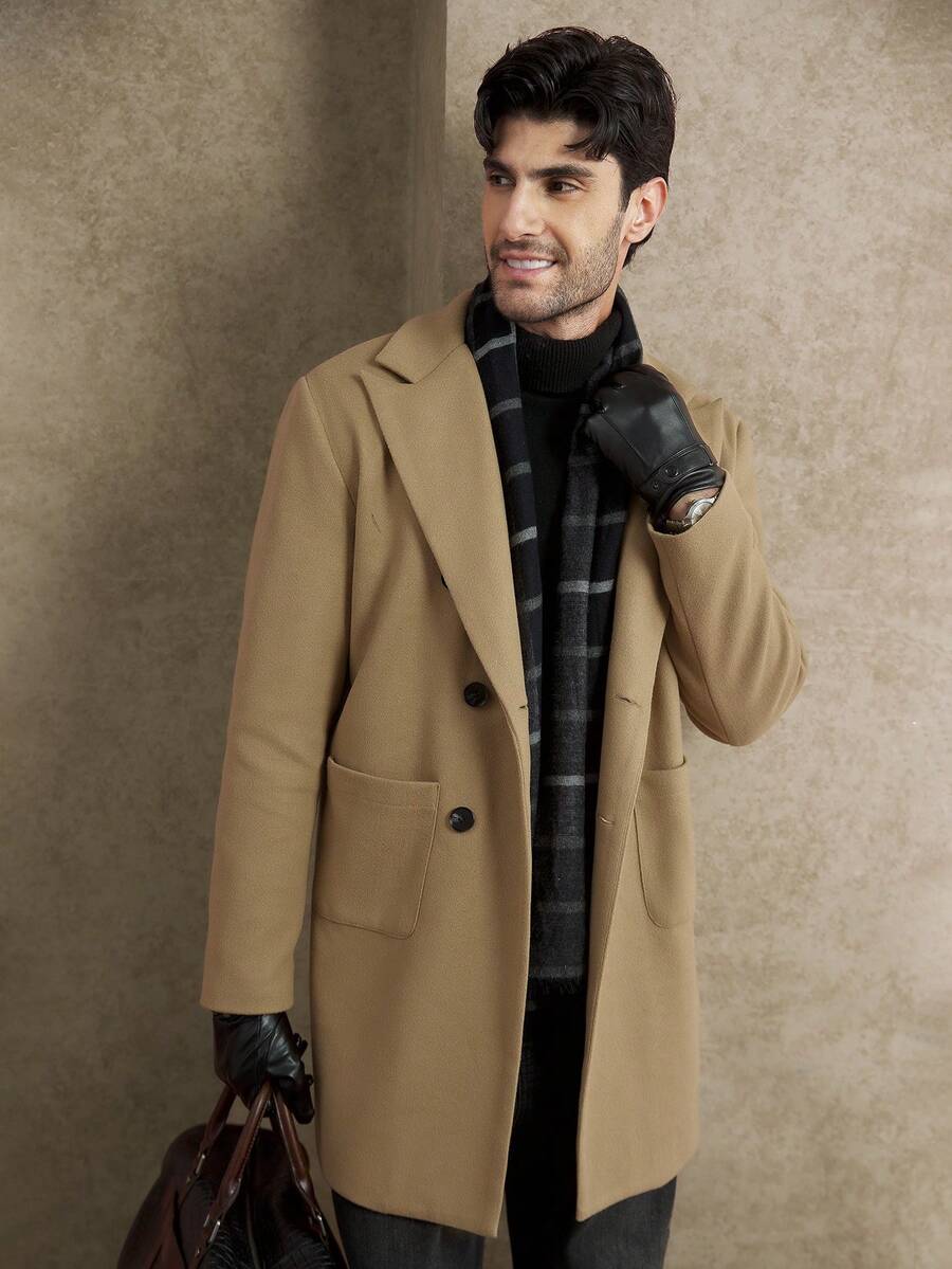 Core Aspect Men's Casual & Commuter Solid Color Lapel Collar Patchwork Pocket Double-Breasted Long Sleeve Overcoat, Autumn/Winter - Camel - View 1