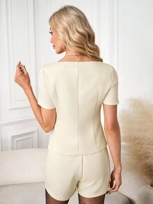 SHEIN Clasi 女款米色夏季優雅辦公商務襯衫，經典金屬扣飾內襯，高品質通勤基礎休閒女式襯衫，百搭女士感恩節穿搭 - 杏色 - 查看 12