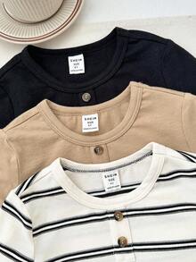SHEIN LMoss Kids LMoss 3pcs/Set Young Boy Solid Color Striped Crew Neck Casual T-Shirts,Set,Long Sleeve For Autumn Boys,Tops,Basic Fitted Cozy Fall&Winter Styles - Multicolor - View 6