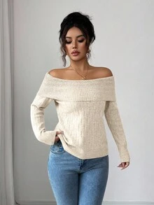 Elenzga Áo len dài tay ôm sát hở vai phong cách Mỹ gợi cảm, thiết kế cao cấp, phù hợp cho mùa thu/đông - Màu be - Xem 6