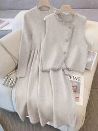 GlowEve 세련된 고급 시크한 라운드 넥 슬리밍 캐주얼 롱 가디건 & 니트 드레스 투피스 세트, 가을/겨울