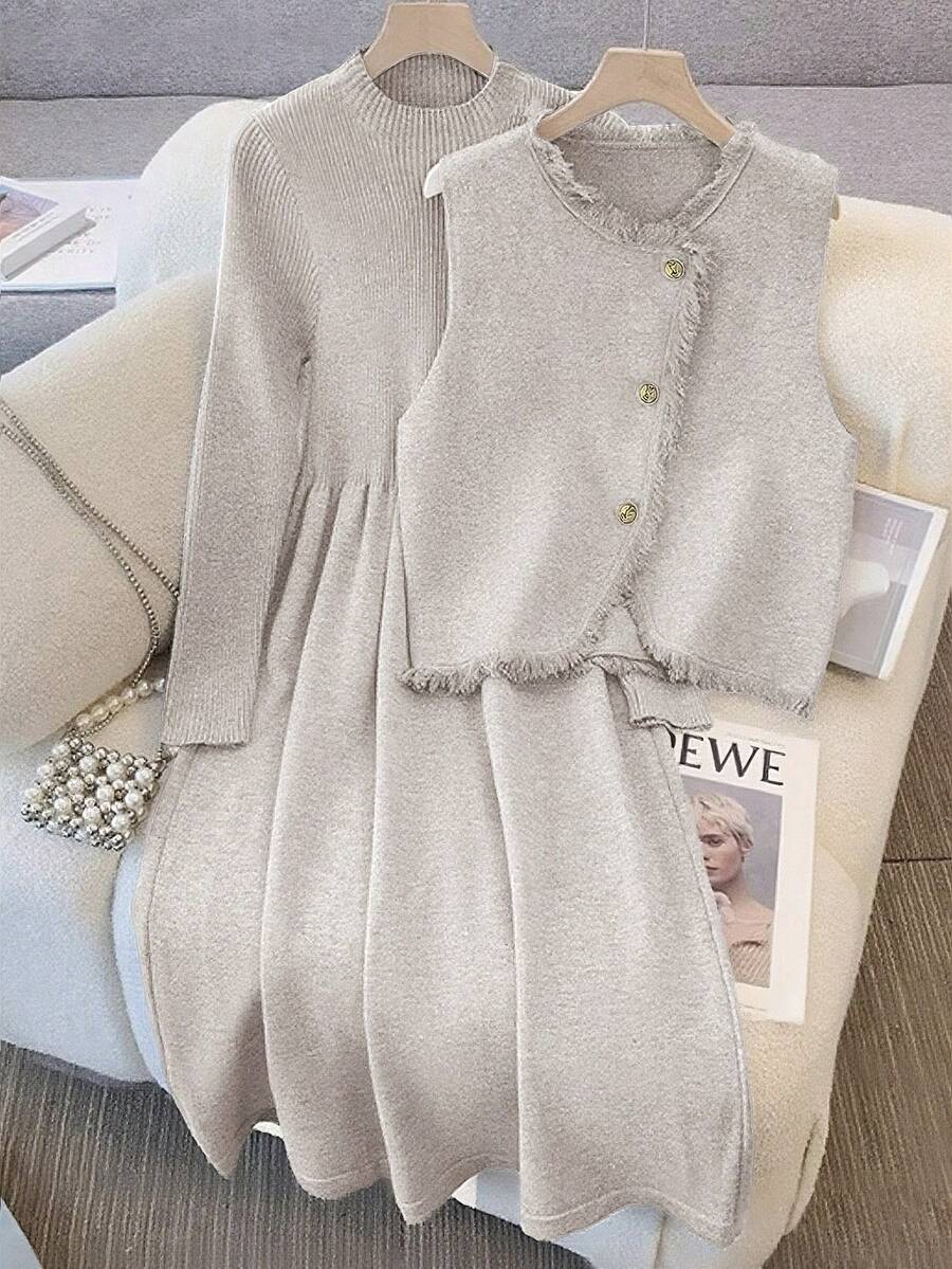 GlowEve Fashionable High-End Chic Round Neck Slimming Casual Long Cardigan & Knit Dress Two Pieces Set, Autumn/Winter