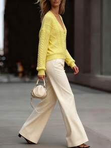 SHEIN LUNE Women's Solid Color V-Neck Drop Shoulder Long Sleeve Front Button Cardigan - Light Yellow - View 5