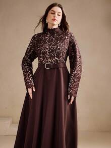 Anewsta Women's Plus Size Elegant Romantic Lace Patchwork A-Line Midi Dress, Round Neck, Long Sleeve, Slim Fit