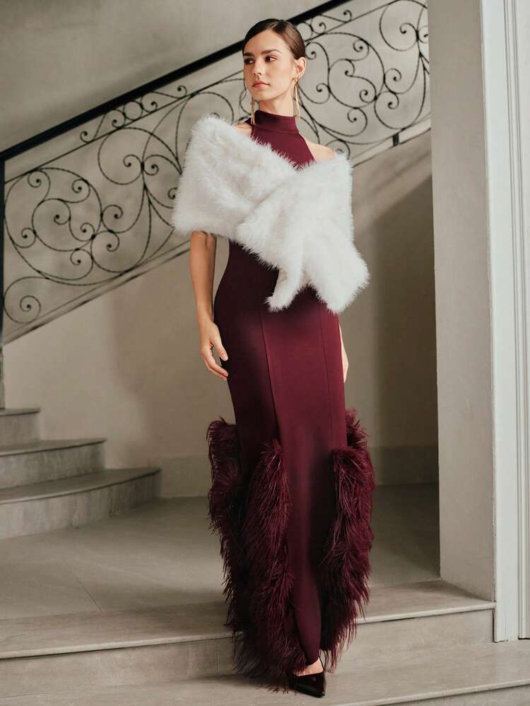 Anewsta Women's Vintage Chic Halter Neck Fitted Dress With Faux Fur Skirt Design, Long Dress For Fall, Winter, New Year, Party, Wedding, Elegant, Stylish