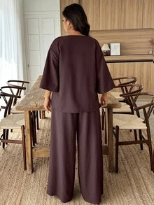 Weeklong Plus Size Solid Color Minimalist Daily Short Sleeve Top And Pants 2 Pieces Set - Burgundy - View 2