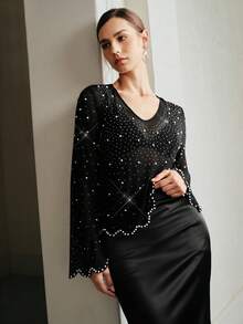 Anewsta 女式新款黑色网眼水钻装饰长袖透明衬衫，性感上衣，适合春、夏、秋、冬 - 黑色 - 查看 4