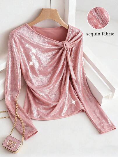 Franclia French Light Luxury Style Fashionable And Age-Reducing Design Pink Sequined Women's Blouse, Shiny Top, Women's Autumn, Elegant