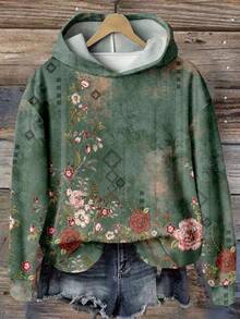 EMERY ROSE Plus Size Women Casual Floral Print Sweatshirt, Vintage Style, Suitable For  Women Sweatshirts Green Floral Sweatshirt With Prints,Spring