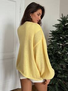 Aloruh Áo len cardigan dáng rộng màu vàng kem dự tiệc Homecoming cơ bản, thích hợp mặc hàng ngày, tiệc trà, du lịch, thu/đông - Vàng nhạt - Xem 7