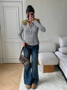CovetEZ Áo khoác cardigan dài tay có mũ trùm đầu cổ lông màu xám dành cho nữ - Xám - Xem 4