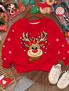 SHEIN Buon Natale, Maglioncino casual e minimalista da ragazza, con simpatico motivo natalizio di Rudolph la renna dal naso rosso e fiocchi di neve a pois, in rosso festivo, vestibilità morbida e comoda, collo a giro, manica lunga, adatto per l'autunno/inverno, Natale - Multicolore - Visualizzare 2