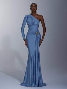 Elitara Elegant, Romantic, Fashionable, Slate Blue, Stretchy Knit Fabric, Asymmetric-Shoulder Long Sleeve, Metal Decor, Fishtail Hem, Trailing, Influencer, Holiday, Vacation, Birthday Party, Wedding Event, Bridesmaid Dress - Blue - View 5