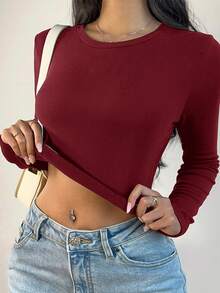 SHEIN BASICS 两件装纯色针织圆领长袖修身短款T恤，女士款，升级保暖面料，带保暖内衬但不臃肿，基础款弹力百搭秋冬女装上衣