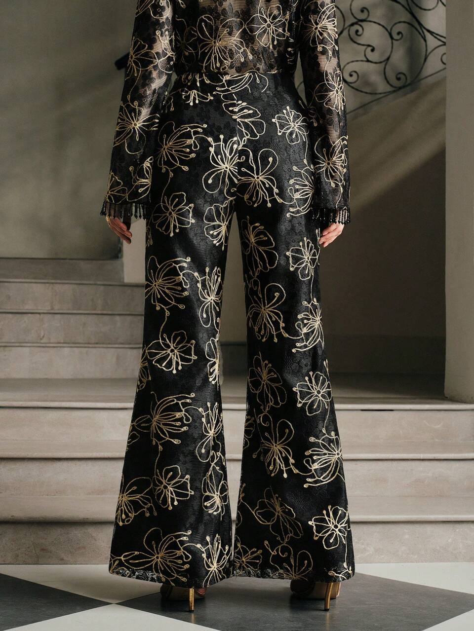 Anewsta Elegant Lace Gold Embroidered Textured Slim Fit Flare Pants, Suitable For Festivals, Celebrations, Casual Kaftan Robe Dress