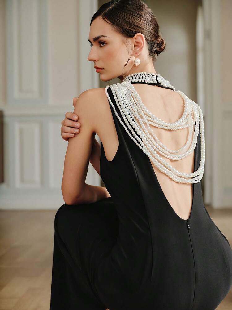 Elegant Backless Long Fitted Black Dress, Suitable For Fall, Winter, New Year, Party, Wedding, Elegant, Chic