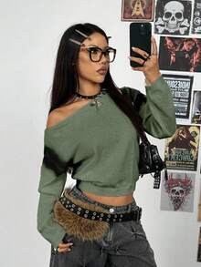 StreetHx New Contrast Color Graffiti Asymmetric Shoulder Casual Loose Sweater - Army Green - View 4