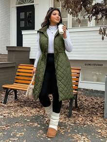 SHEIN EZwear Chaqueta larga holgada con cordón ajustable en la cintura, engrosada para otoño/invierno, talla grande - Verde militar - Ver 2