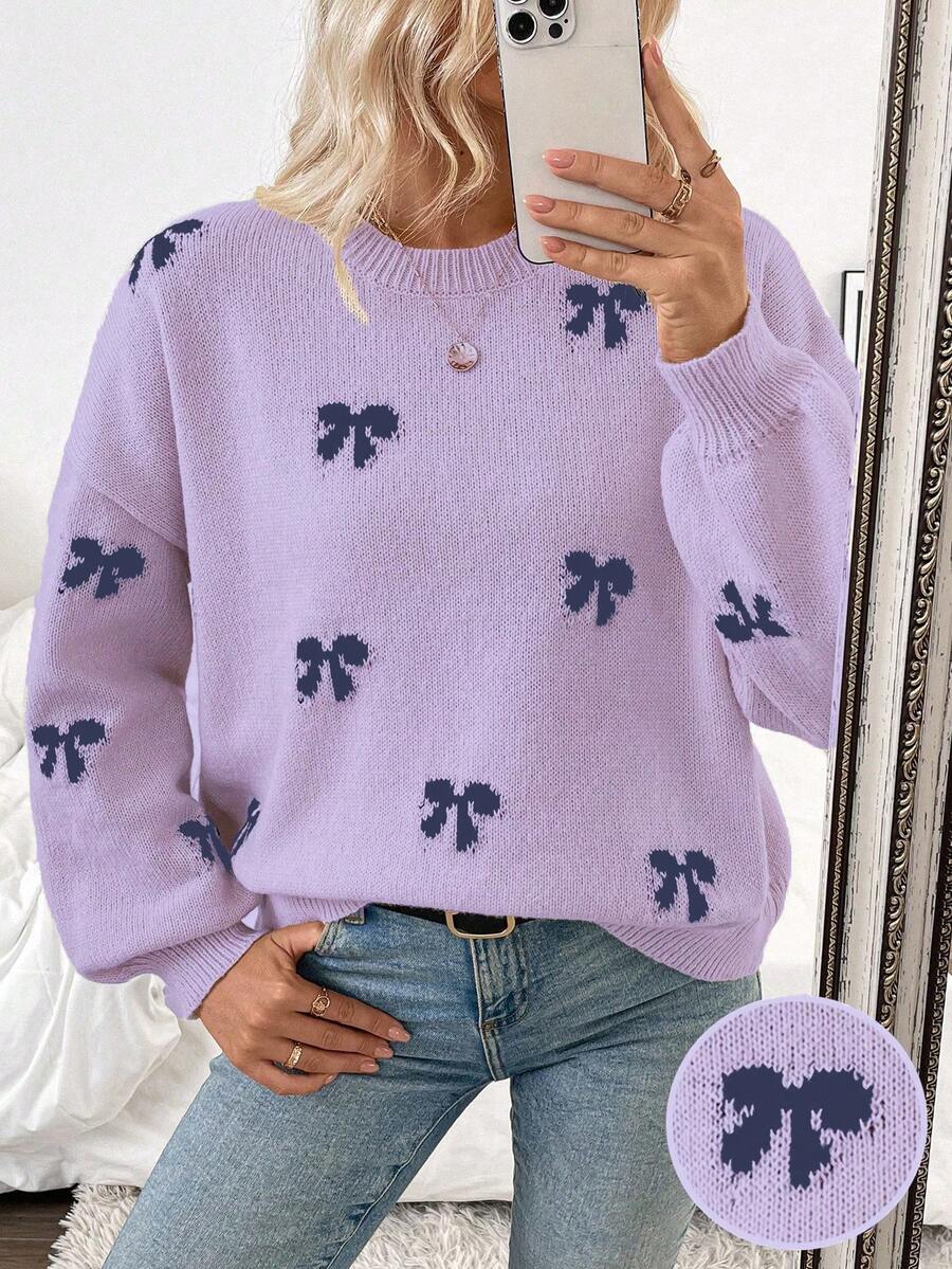 EMERY ROSE Autumn/Winter New Stylish Blogger Same Style Bow Design Casual Pullover Sweater - Multicolor - View 1