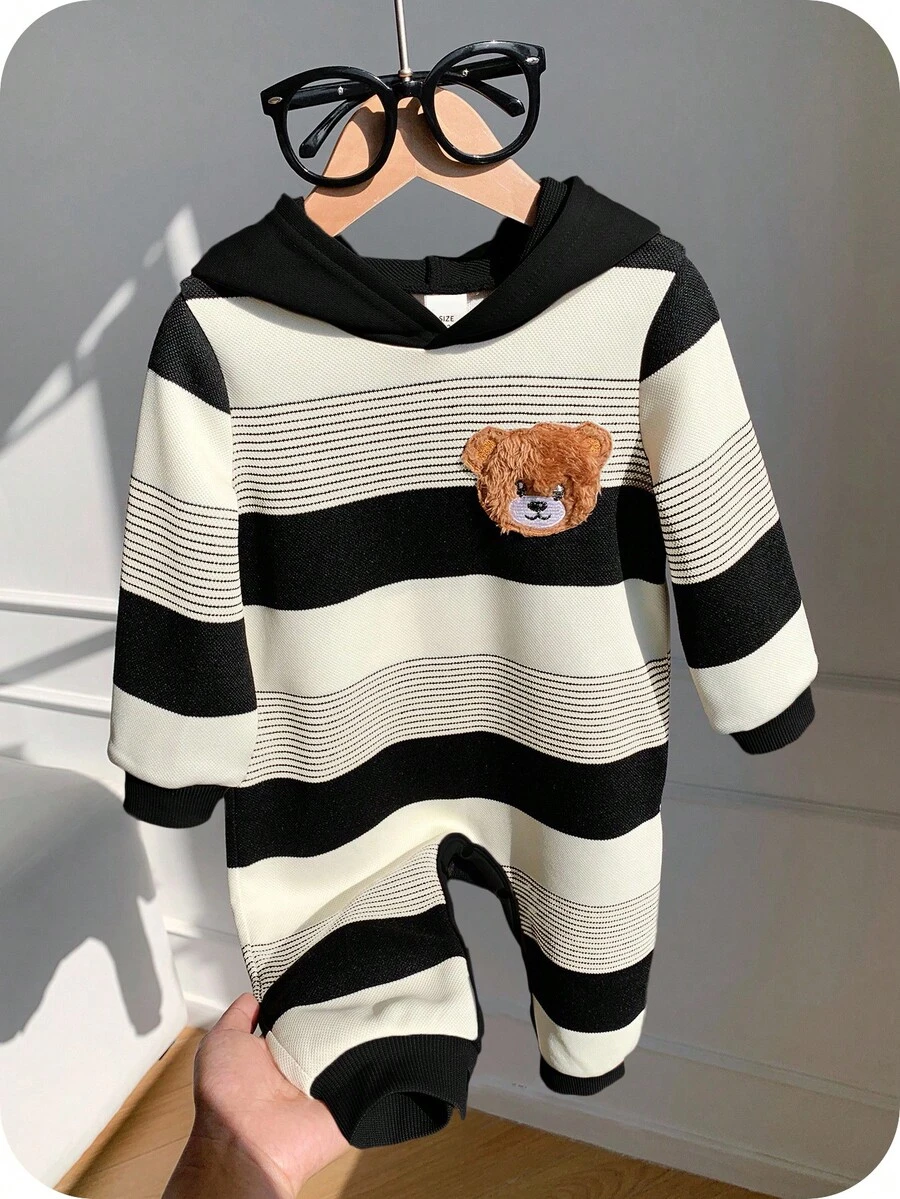 SHEIN 新生儿男/女宝宝可爱秋冬休闲条纹卡通熊图案连帽抓绒连体衣，卡其色条纹 - 黑色 - 查看 1