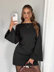 SHEIN LUNE 2 pièces/Set Femme Style Décontracté Ample Élégant Style Navette Manches Cloche Nœud Dos Blouse et Jupe Trapèze, Automne/Hiver