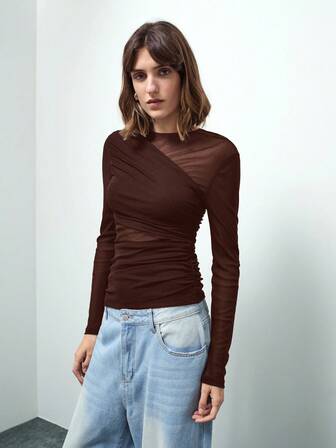 Maija Camiseta de mujer de diseño asimétrico, moda urbana casual, ropa casual de negocios, atuendo de oficina, elegante para fiesta de Navidad, Año Nuevo, top marrón