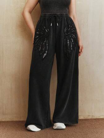 Anewsta Pantaloni della tuta neri con vita con coulisse e decorazioni ricamate a fiocco di neve, per donne taglie forti, costume di Ognissanti