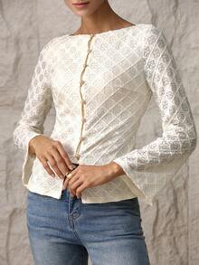 Modelyn 女士船领喇叭袖单排扣镂空优雅T恤 - 黑色 - 查看 5