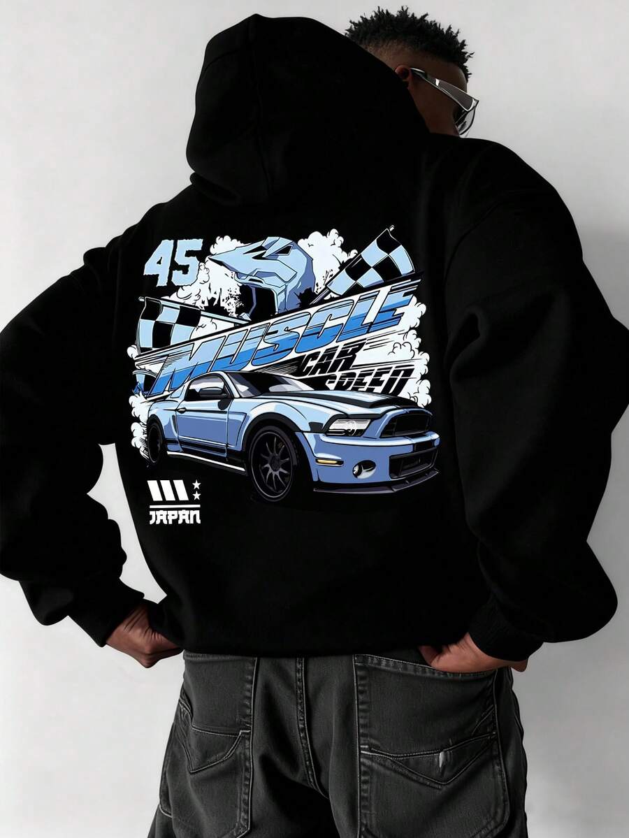 Manfinity EMRG 男士连帽衫，舒适弹力面料，经典百搭套头连帽衫，黑色。经典连帽衫设计，轻松搭配休闲装。适合春、夏、秋季穿着。印花连帽衫，街头潮流单品。 - 黑色 - 查看 1