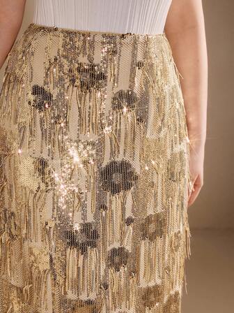 Anewsta Saia Longa Feminina Plus Size com Decoração de Franjas de Lantejoulas de Alta Qualidade e Moda