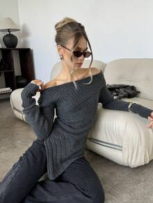 SHEIN BAE 女士时尚通勤纯色不对称毛衣，秋季女装，冬季女装，秋季毛衣，休闲毛衣，圣诞节，万圣节，感恩节，新年，灰色不对称下摆毛衣，休闲毛衣，外出毛衣 - 咖啡棕 - 查看 1