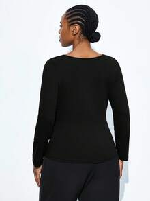 Maija 女士加大码不对称褶皱修身长袖上衣，都市通勤商务休闲办公装，优雅适合圣诞派对、新年庆祝活动、圣帕特里克节、复活节、夏季派对、海滩度假、夏季外出、毕业典礼等场合。 - 黑色 - 查看 3