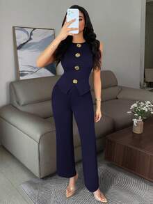 Vavine Elegant Business Casual Women's Outfit, Metal Button Decor Sleeveless Stretchy Fitted Sexy Camisole And Pants Black 2 Pieces Set - Royal Blue - View 4