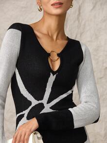 Modelyn Women's Autumn/Winter Contrast Color Ring Connected Long Sleeve Fitted Knit Dress - Black and White - View 7