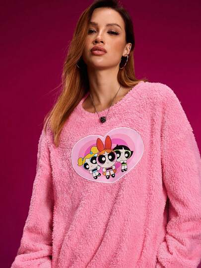 THE POWERPUFF GIRLS X SHEIN Women's Blossom, Bubbles, Buttercup Pattern Fluffy Crew Neck Long Sleeve Sweatshirt