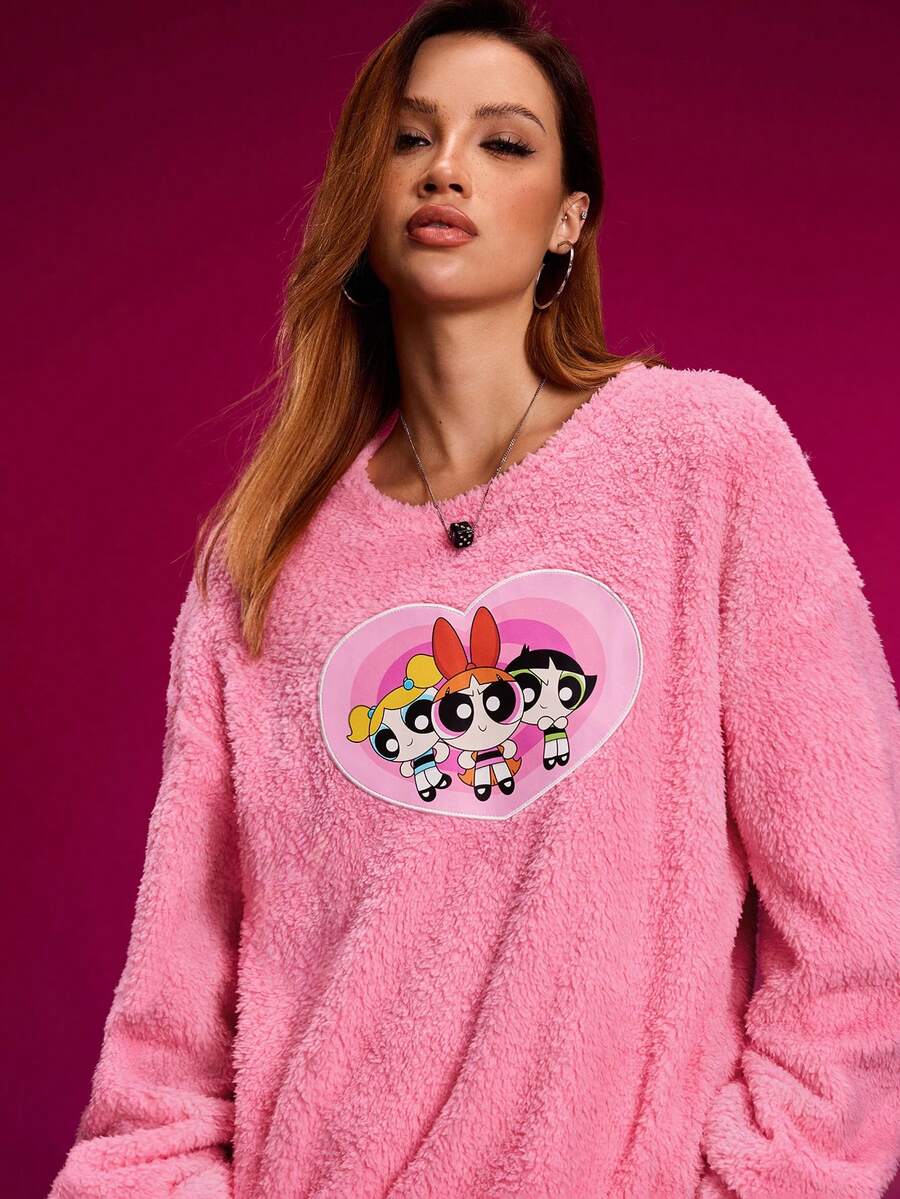 THE POWERPUFF GIRLS X SHEIN 女士花朵、泡泡、毛茛图案蓬松圆领长袖运动衫 - 粉色 - 查看 1
