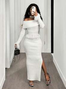 BamGleam 2pcs/Set Women's Off-Shoulder Fringe Top + Knit Skirt, Autumn/Winter - White - View 1