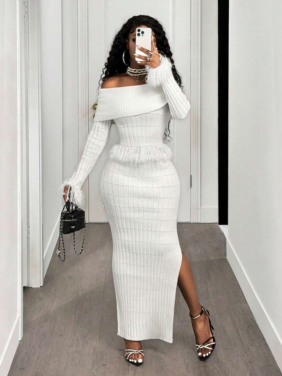 BamGleam 2pcs/Set Women's Off-Shoulder Fringe Top + Knit Skirt, Autumn/Winter - White - View 1