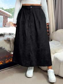 SHEIN EZwear 大码休闲纯色高腰A字裙 - 黑色 - 查看 1