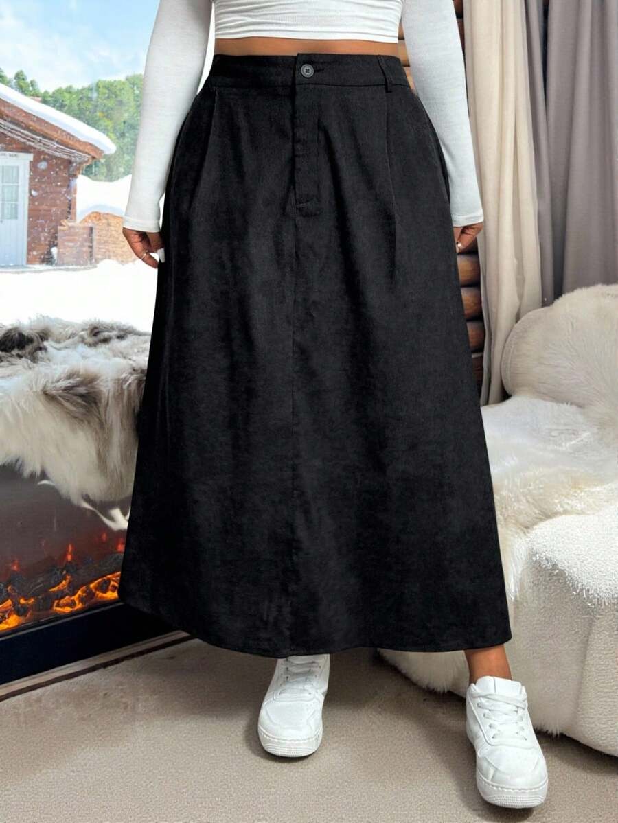 SHEIN EZwear 大码休闲纯色高腰A字裙 - 黑色 - 查看 1