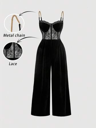 SHEIN MOD Plus Size Black Metal Chain Straps Lace Patchwork Jumpsuit, Plus Size,Solid Color Lace Bustier Criss-Cross Halter Wide Leg Jumpsuit,New Year,Valentine Pants,Lace Jumpsuit,Tall Women Pants,Christmas