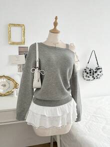 Elamini 女士休闲纯色露肩宽松长袖毛衣 - 灰色 - 查看 1