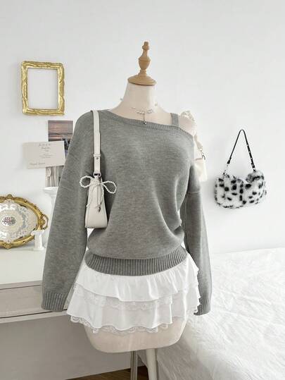 Elamini Suéter holgado de manga larga con hombros descubiertos y unicolor casual para mujer